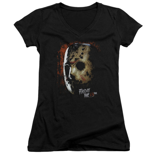 Friday The 13th Mask Of Death Junior Sheer Cap Sleeve V-Neck Womens T Shirt Black