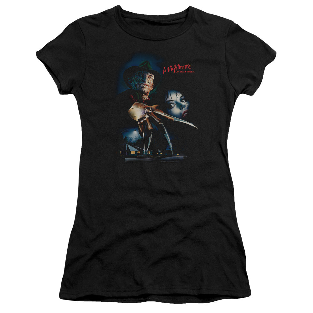 Nightmare On Elm Street Elm Street Poster Junior Sheer Cap Sleeve Womens T Shirt Black