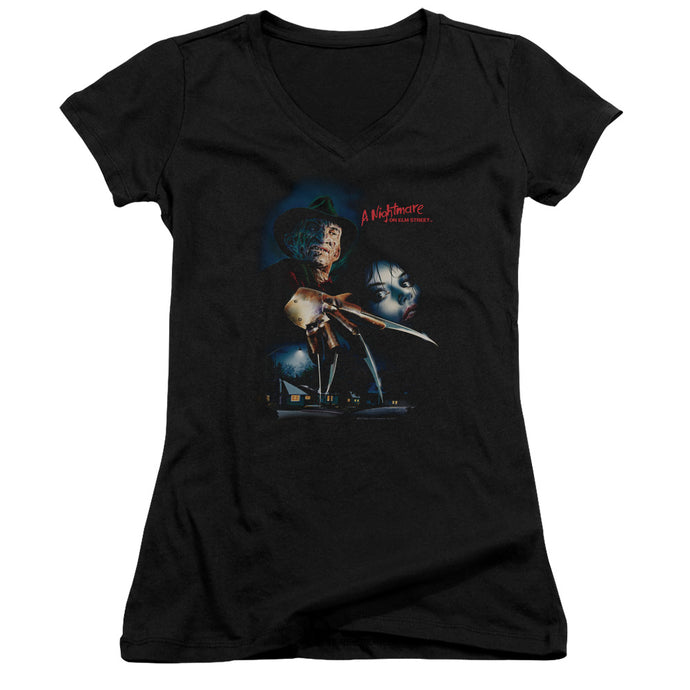 Nightmare On Elm Street Elm Street Poster Junior Sheer Cap Sleeve V-Neck Womens T Shirt Black
