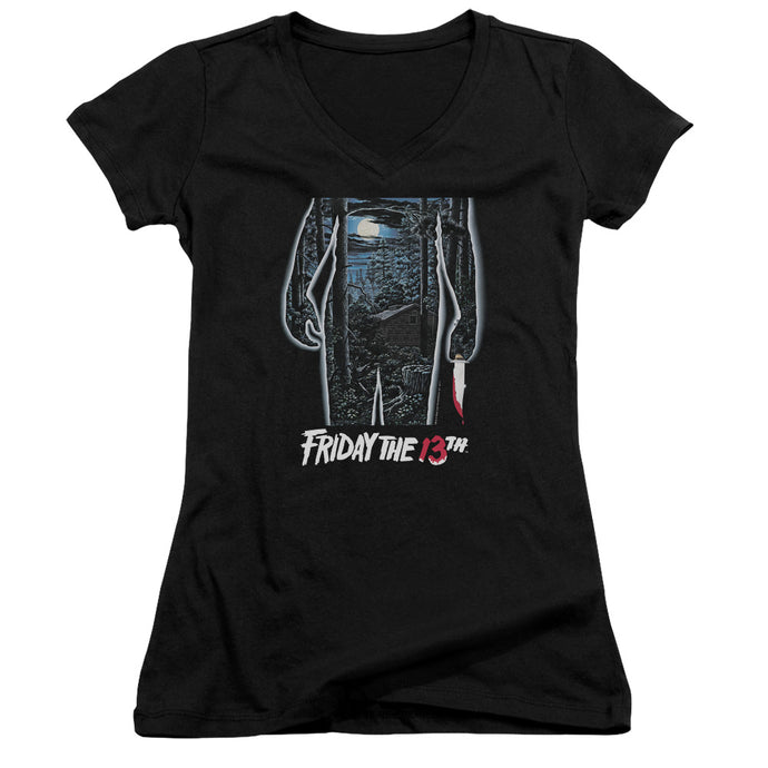 Friday The 13th 13th Poster Junior Sheer Cap Sleeve V-Neck Womens T Shirt Black