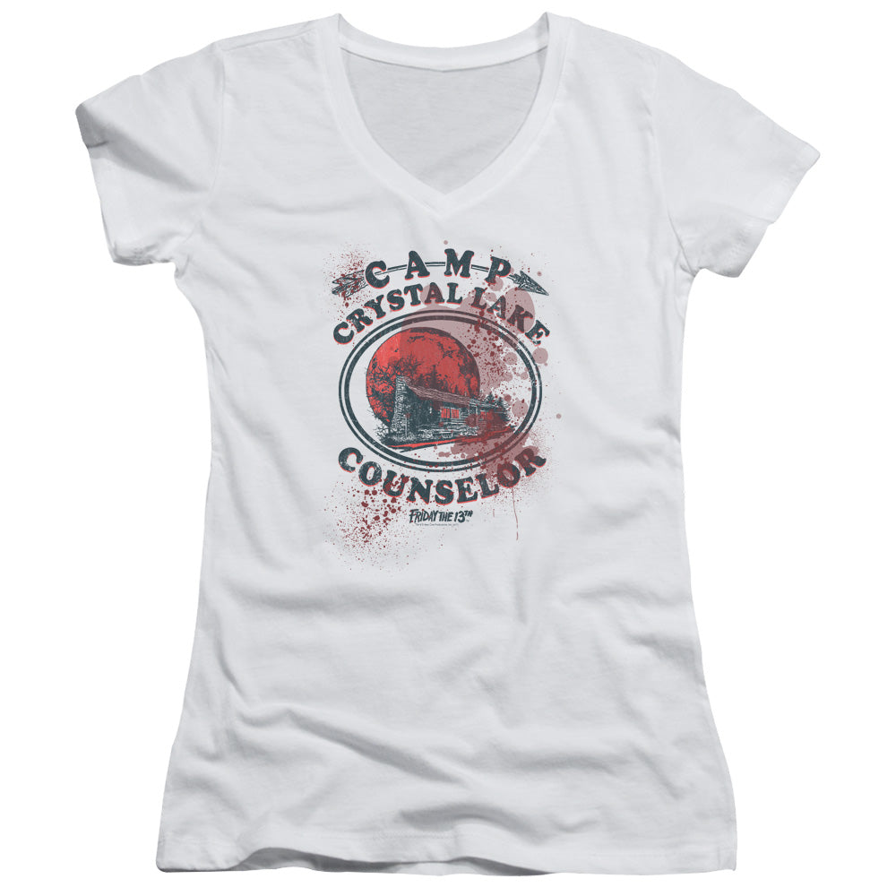 Friday The 13th Camp Counselor Victim Junior Sheer Cap Sleeve V-Neck Womens T Shirt White