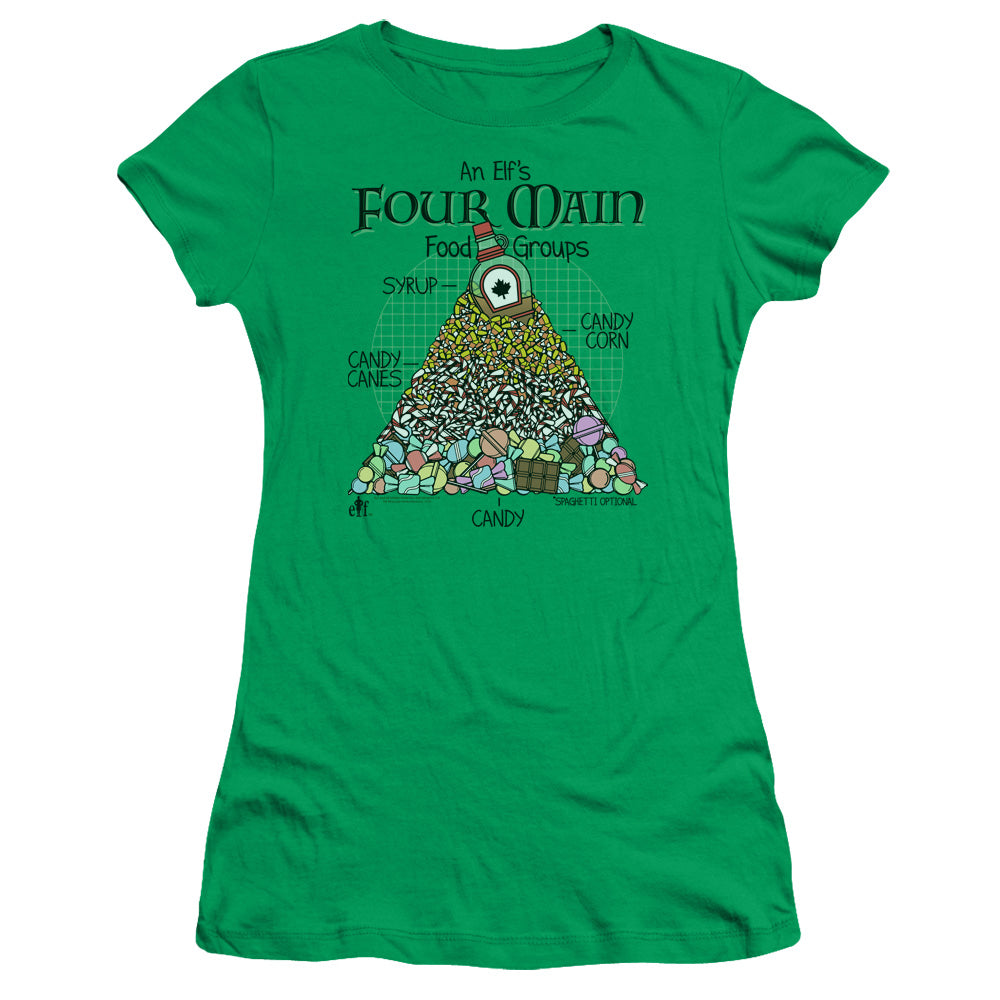 Elf Food Pyramid Junior Sheer Cap Sleeve Womens T Shirt Kelly Green