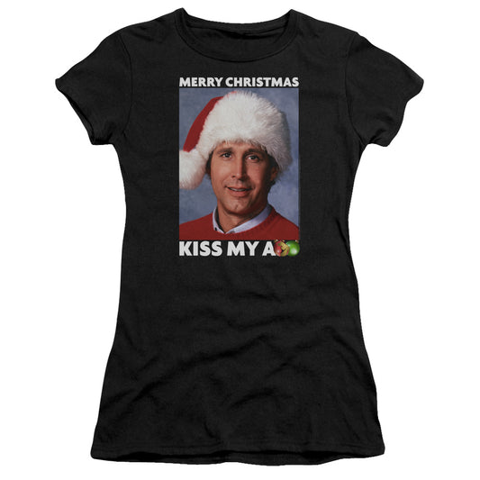 Christmas Vacation Merry Kiss Junior Sheer Cap Sleeve Womens T Shirt Black