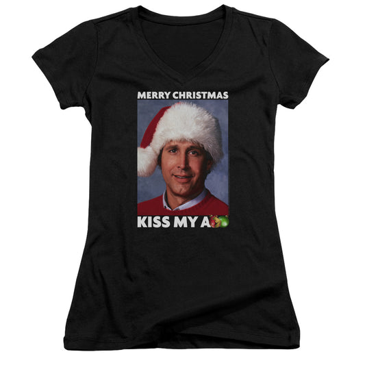 Christmas Vacation Merry Kiss Junior Sheer Cap Sleeve V-Neck Womens T Shirt Black