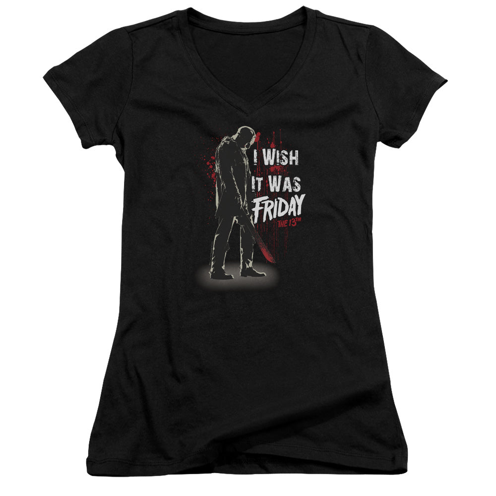 Friday The 13th I Wish It Was Friday Junior Sheer Cap Sleeve V-Neck Womens T Shirt Black