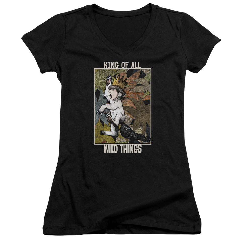 Where The Wild Things Are King Of All Wild Things Junior Sheer Cap Sleeve V-Neck Womens T Shirt Black