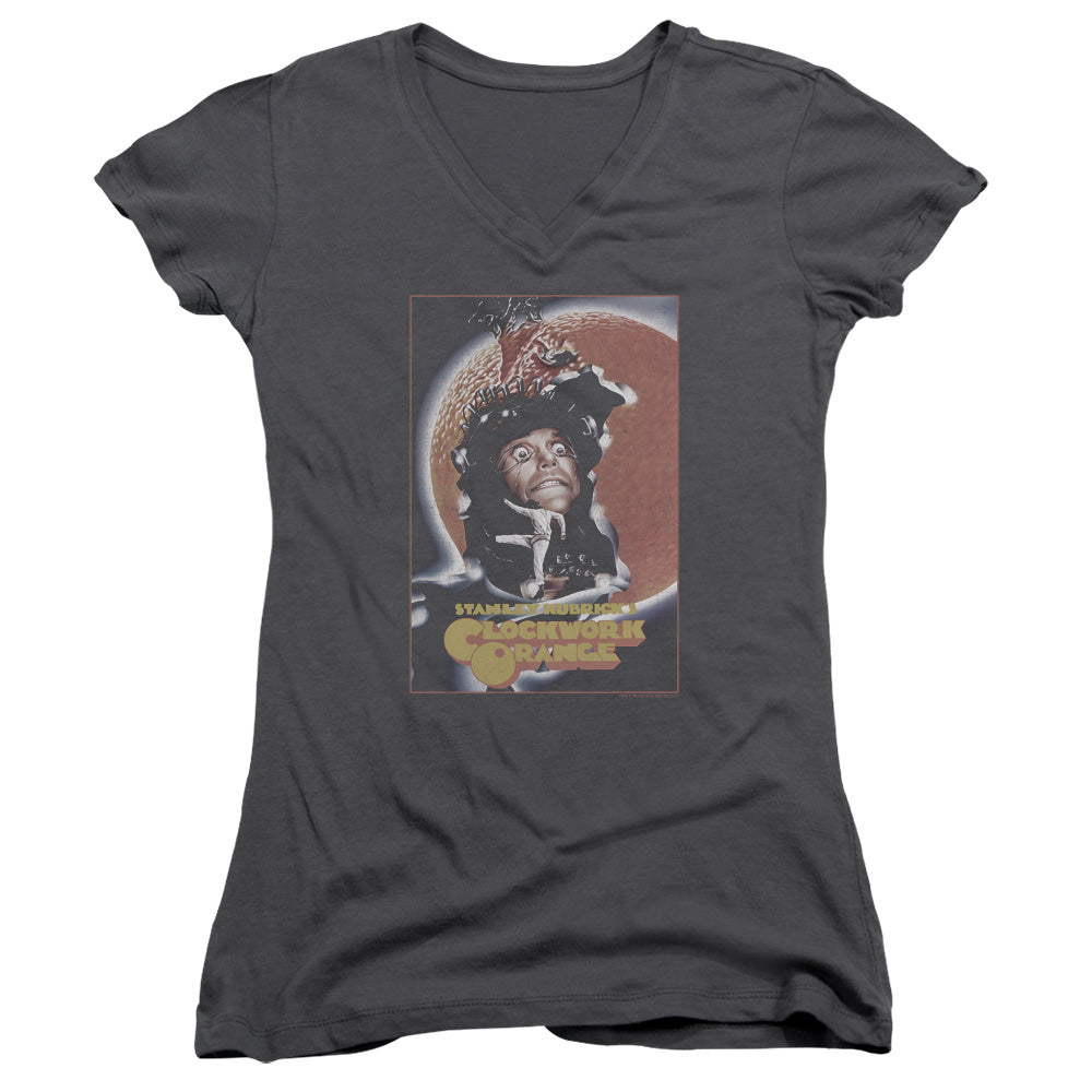 A Clockwork Orange Distressed Poster Junior Sheer Cap Sleeve V-Neck Womens T Shirt Charcoal