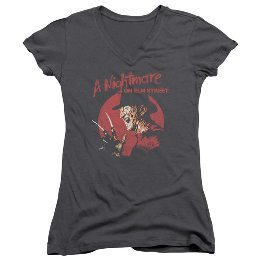 Nightmare On Elm Street Freddy Circle Junior Sheer Cap Sleeve V-Neck Womens T Shirt Charcoal