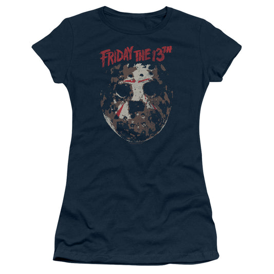 Friday The 13th Rough Mask Junior Sheer Cap Sleeve Womens T Shirt Navy Blue