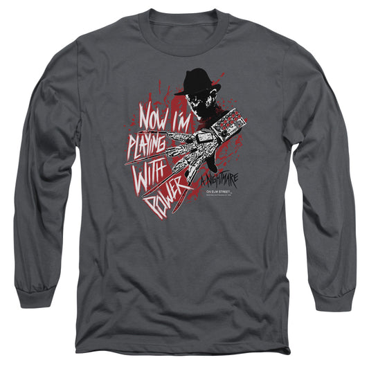 Nightmare On Elm Street Playing With Power Mens Long Sleeve Shirt Charcoal