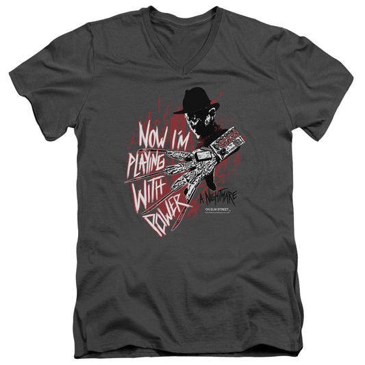 Nightmare On Elm Street Playing With Power Mens Slim Fit V-Neck T Shirt Charcoal