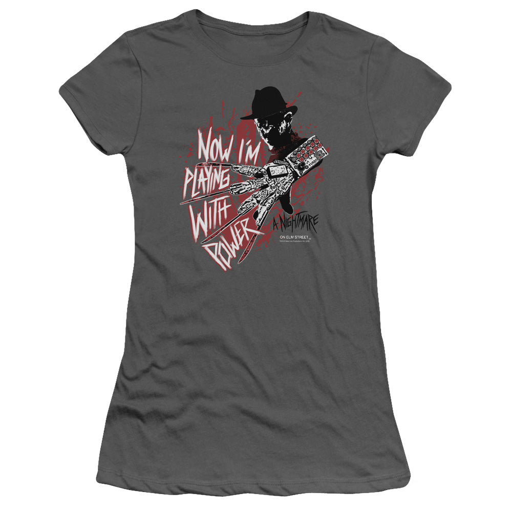 Nightmare On Elm Street Playing With Power Junior Sheer Cap Sleeve Womens T Shirt Charcoal