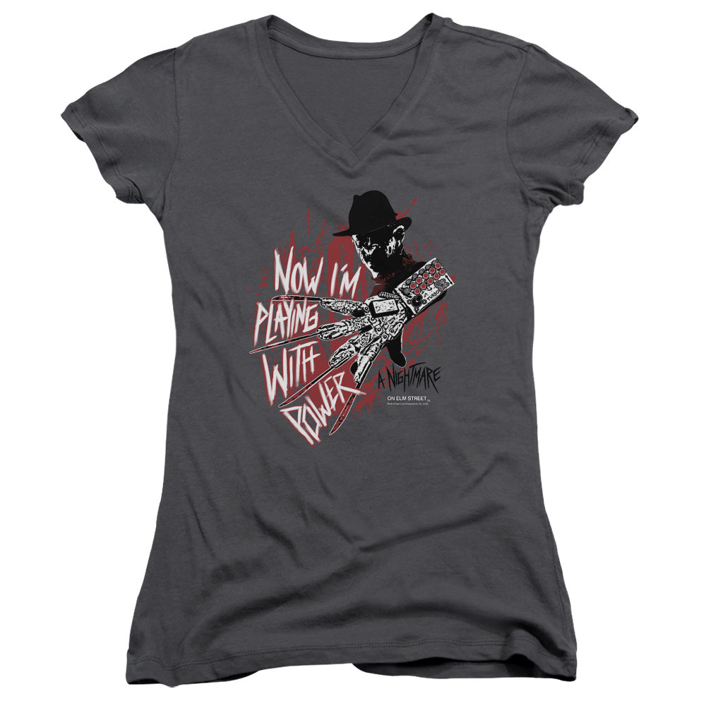 Nightmare On Elm Street Playing With Power Junior Sheer Cap Sleeve V-Neck Womens T Shirt Charcoal