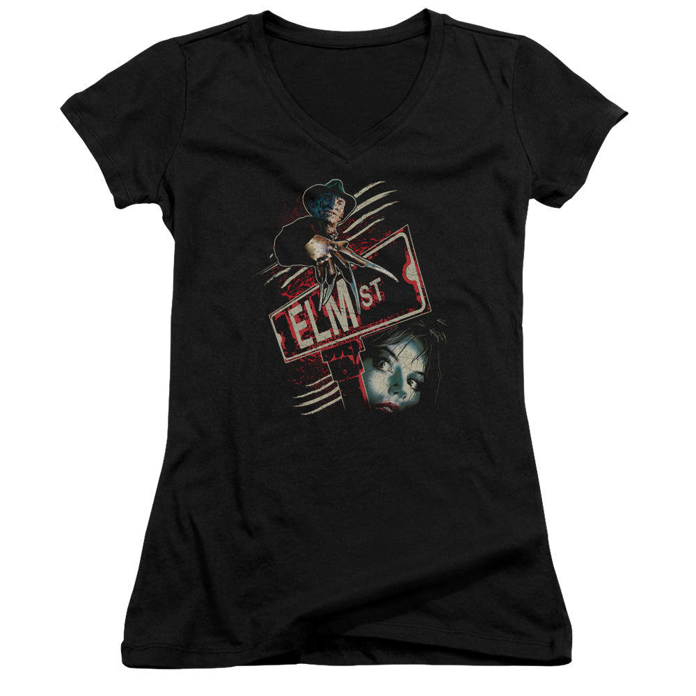 Nightmare On Elm Street Elm St Junior Sheer Cap Sleeve V-Neck Womens T Shirt Black