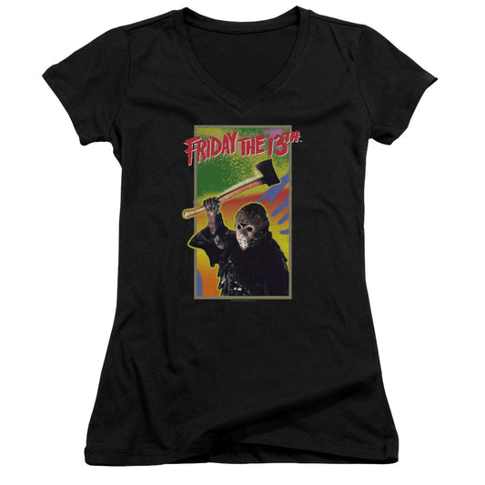 Friday The 13th Retro Game Junior Sheer Cap Sleeve V-Neck Womens T Shirt Black