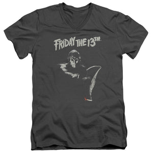Friday The 13th Ax Mens Slim Fit V-Neck T Shirt Charcoal
