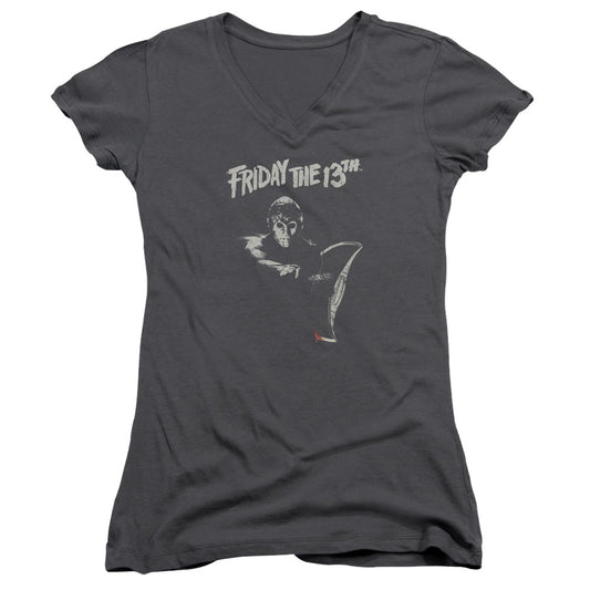 Friday The 13th Ax Junior Sheer Cap Sleeve V-Neck Womens T Shirt Charcoal