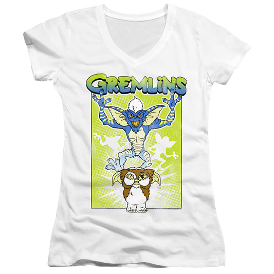 Gremlins Be Afraid Junior Sheer Cap Sleeve V-Neck Womens T Shirt White