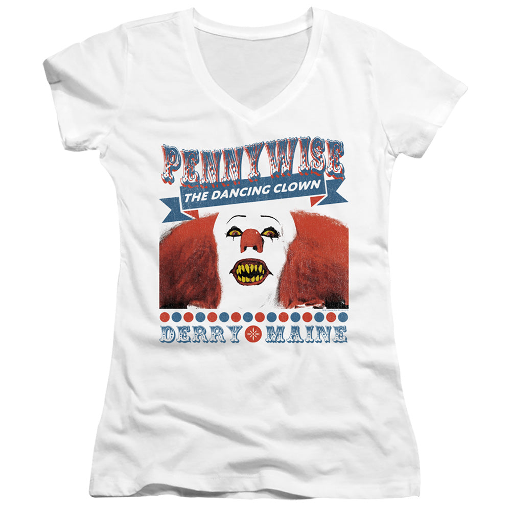 IT 1990 The Dancing Clown Junior Sheer Cap Sleeve V-Neck Womens T Shirt White