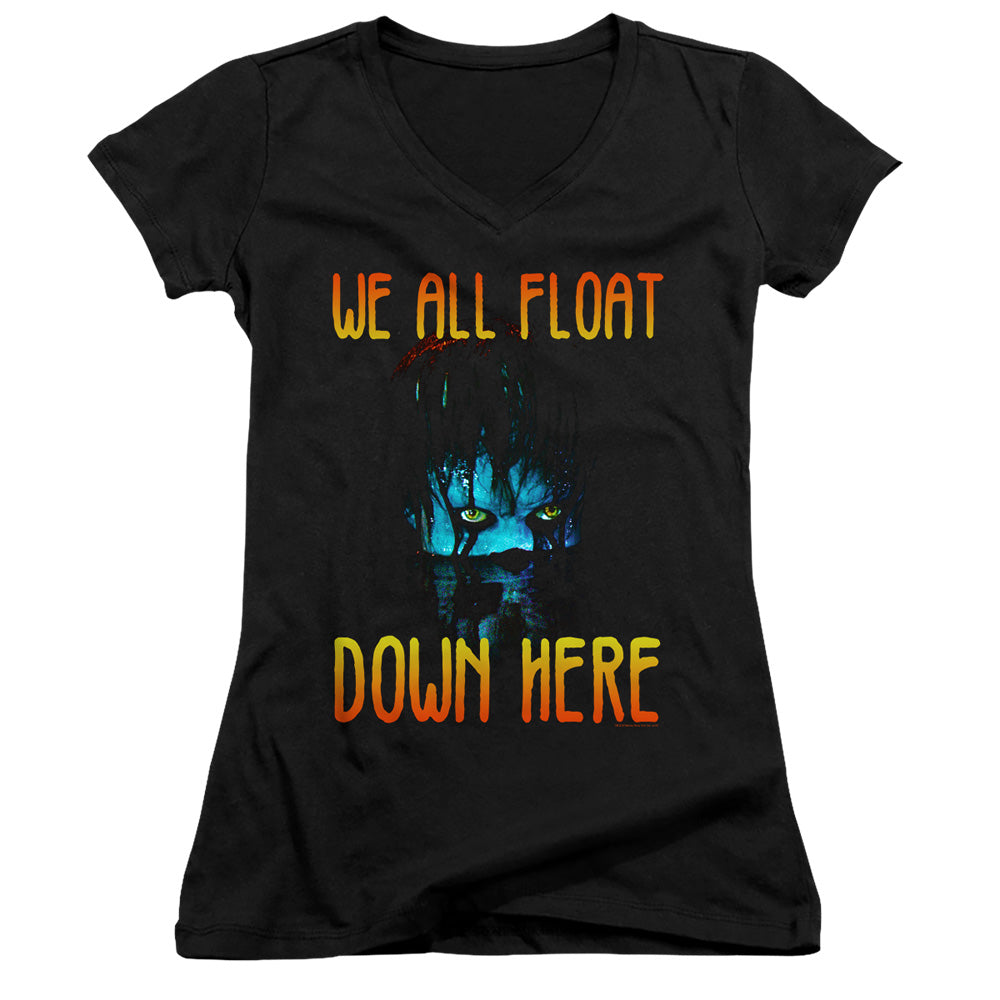 IT We All Float Down Here Junior Sheer Cap Sleeve V-Neck Womens T Shirt Black