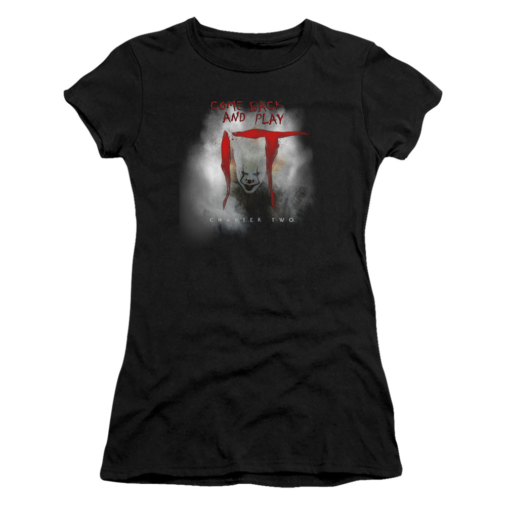 IT 2 Come Back And Play Junior Sheer Cap Sleeve Womens T Shirt Black