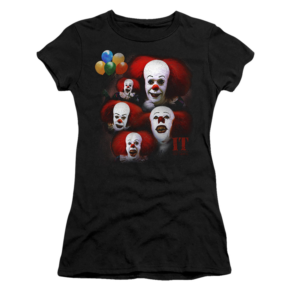 IT 1990 Many Faces Of Pennywise Junior Sheer Cap Sleeve Womens T Shirt Black