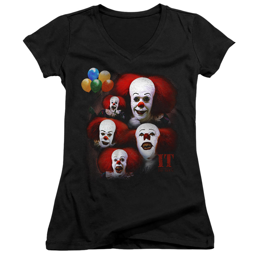 IT 1990 Many Faces Of Pennywise Junior Sheer Cap Sleeve V-Neck Womens T Shirt Black