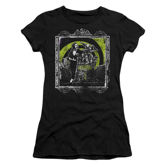 Beetlejuice Here Lies Junior Sheer Cap Sleeve Womens T Shirt Black