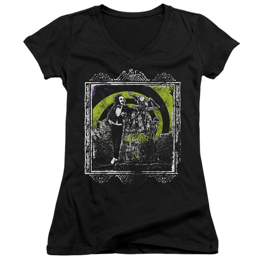 Beetlejuice Here Lies Junior Sheer Cap Sleeve V-Neck Womens T Shirt Black