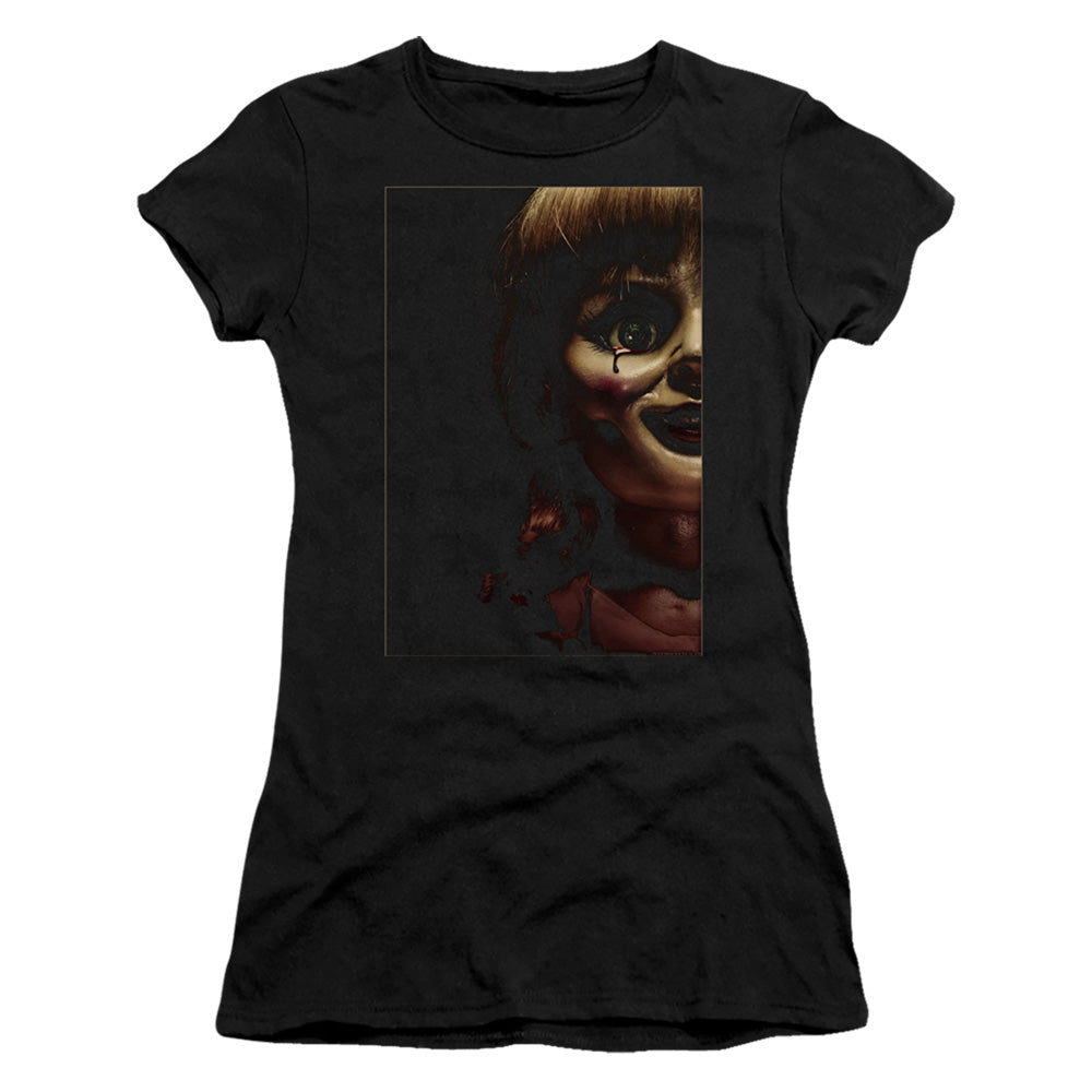 Annabelle Doll Tear Junior Sheer Cap Sleeve Womens T Shirt Black