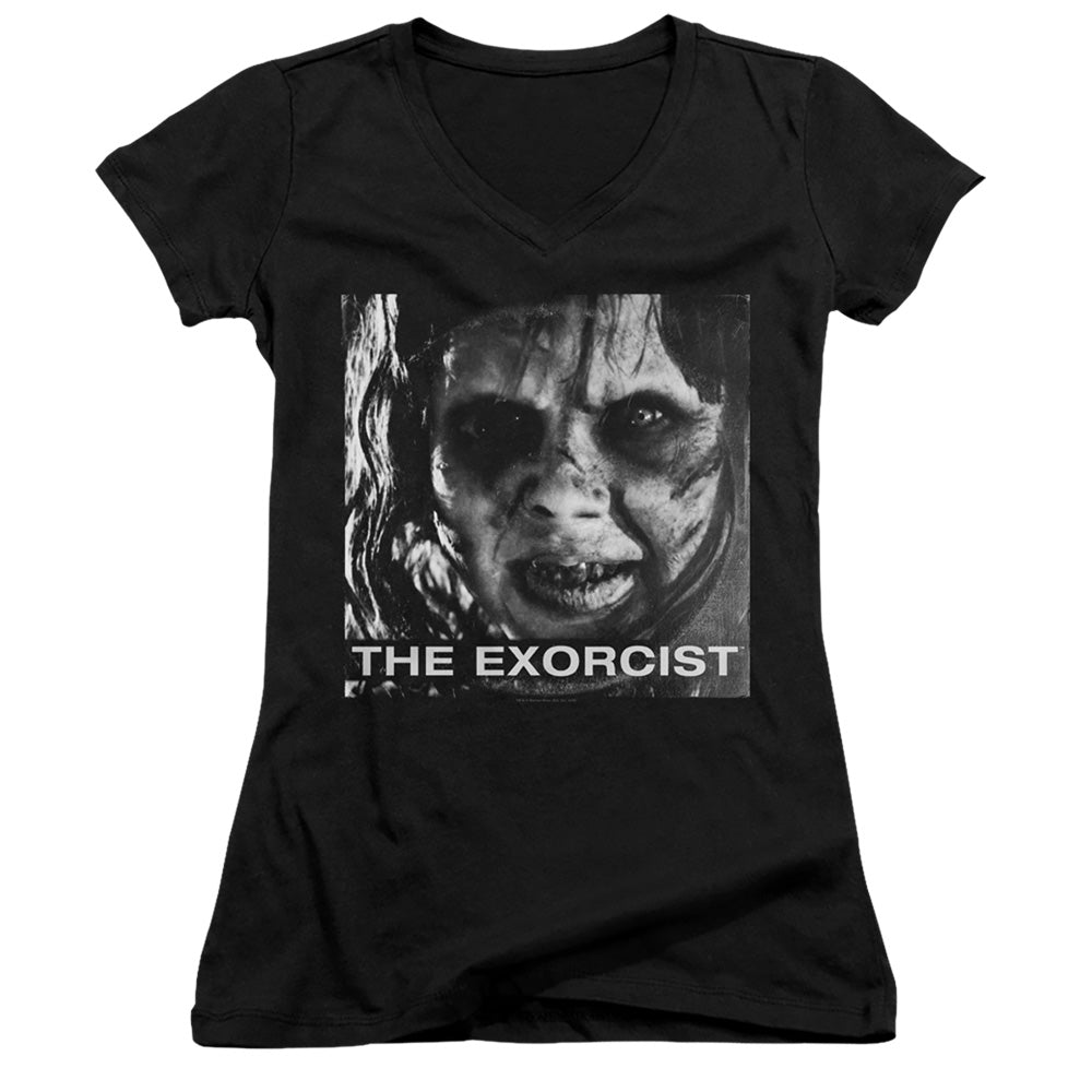 The Exorcist Regan Approach Junior Sheer Cap Sleeve V-Neck Womens T Shirt Black