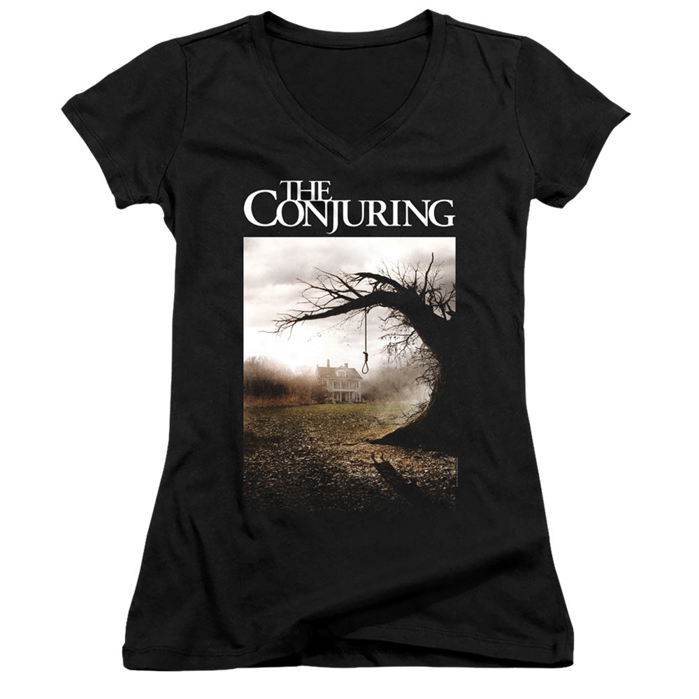 The Conjuring Poster Junior Sheer Cap Sleeve V-Neck Womens T Shirt Black