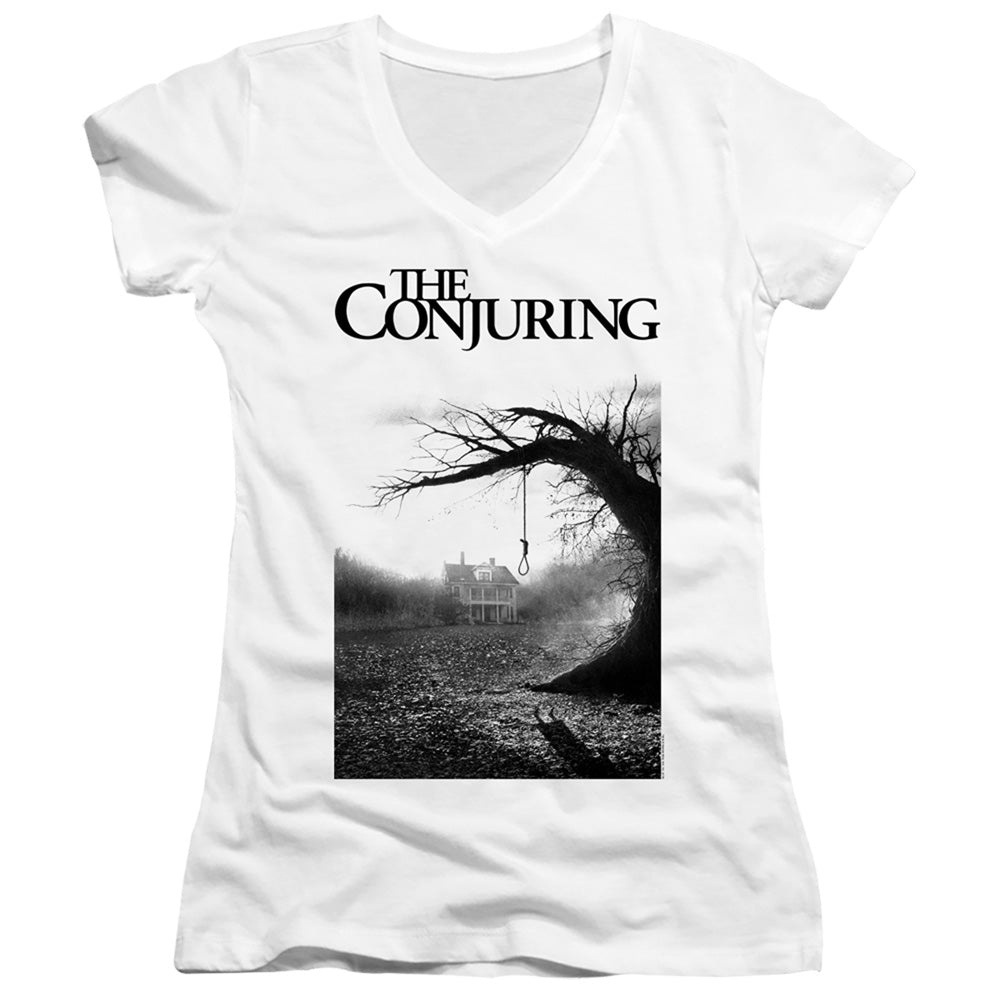 The Conjuring Poster Junior Sheer Cap Sleeve V-Neck Womens T Shirt White