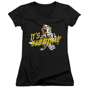 Beetlejuice Showtime Junior Sheer Cap Sleeve V-Neck Womens T Shirt Black