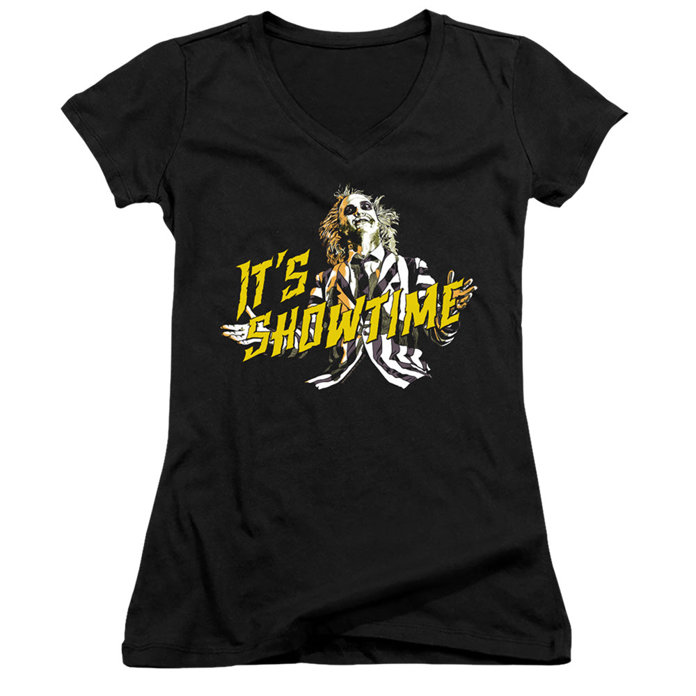 Beetlejuice Showtime Junior Sheer Cap Sleeve V-Neck Womens T Shirt Black