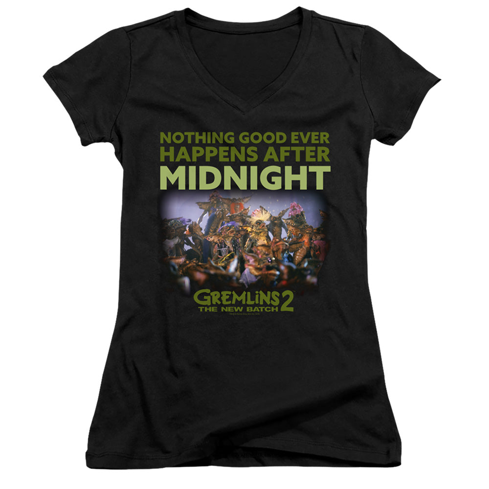 Gremlins 2 After Midnight Junior Sheer Cap Sleeve V-Neck Womens T Shirt Black