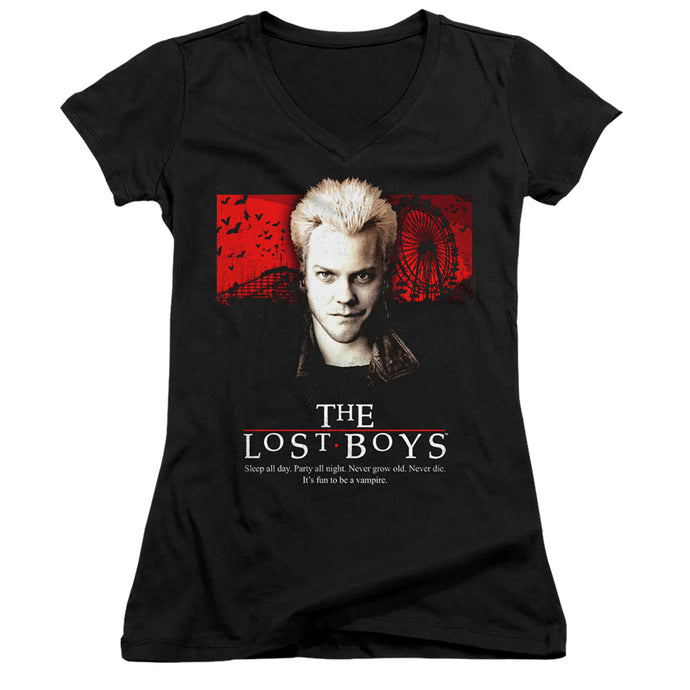 The Lost Boys Be One Of Us Junior Sheer Cap Sleeve V-Neck Womens T Shirt Black