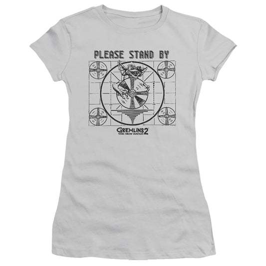 Gremlins 2 Please Stand By Junior Sheer Cap Sleeve Womens T Shirt Silver