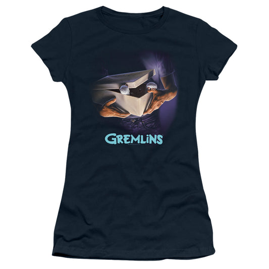 Gremlins Original Poster Junior Sheer Cap Sleeve Womens T Shirt Navy Blue