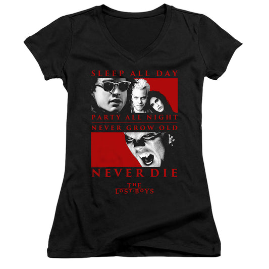 The Lost Boys Never Die Junior Sheer Cap Sleeve V-Neck Womens T Shirt Black