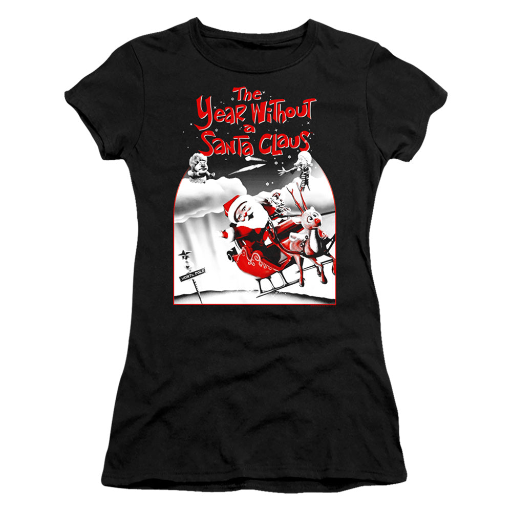 The Year Without A Santa Claus Santa Poster Junior Sheer Cap Sleeve Womens T Shirt Black