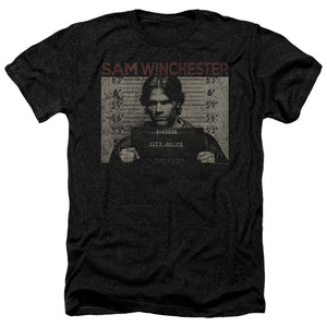 Supernatural Sam Mug Shot Heather Mens T Shirt Black