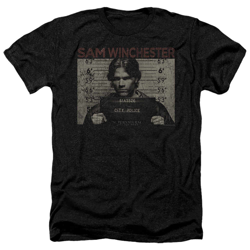 Supernatural Sam Mug Shot Heather Mens T Shirt Black