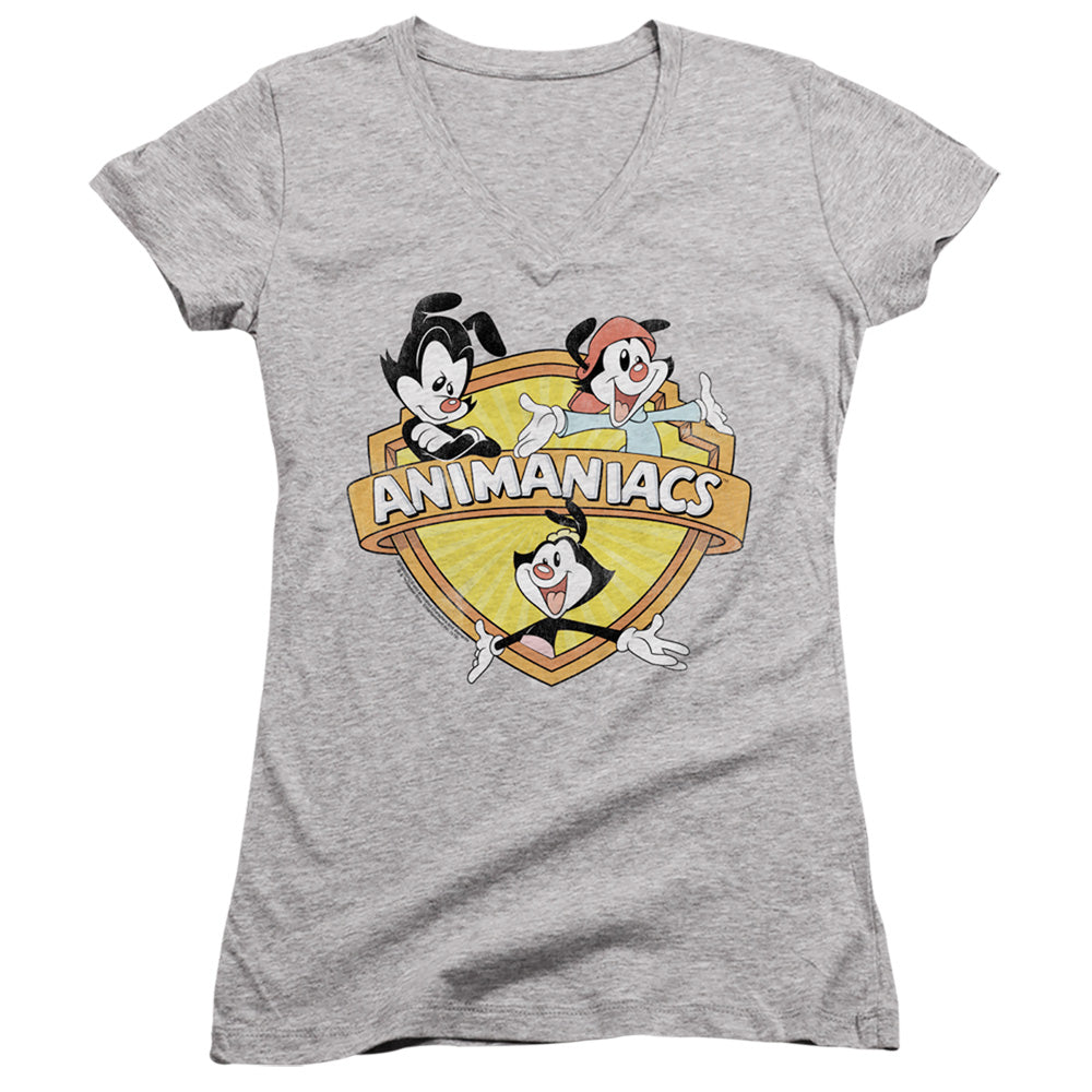 Animaniacs Shielded Animaniacs Junior Sheer Cap Sleeve V-Neck Womens T Shirt Athletic Heather