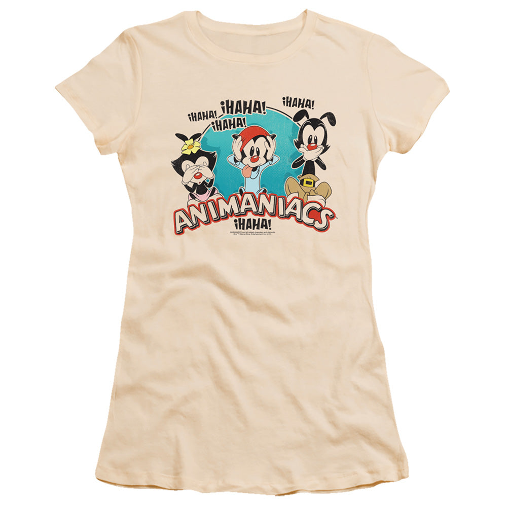 Animaniacs No Evil Junior Sheer Cap Sleeve Womens T Shirt Cream