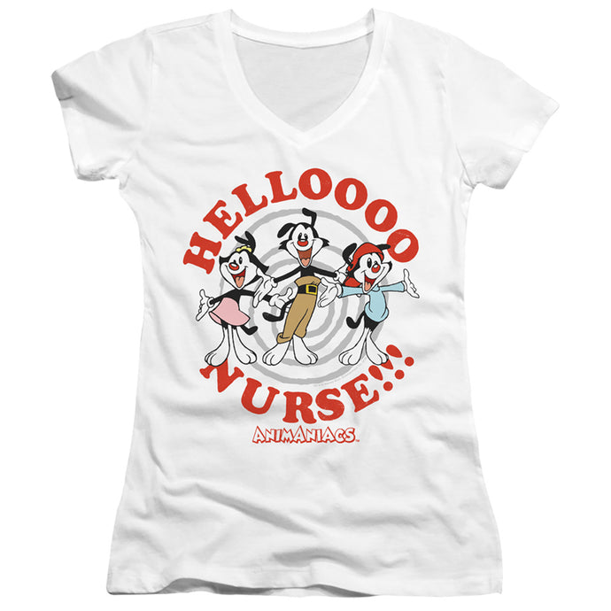 Animaniacs Hello Nurse Junior Sheer Cap Sleeve V-Neck Womens T Shirt White