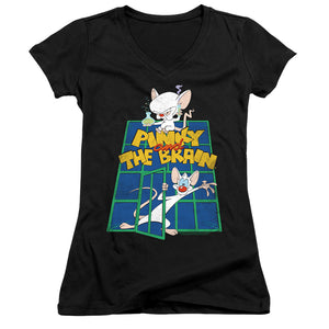 Pinky And The Brain Ol Standard Junior Sheer Cap Sleeve V-Neck Womens T Shirt Black