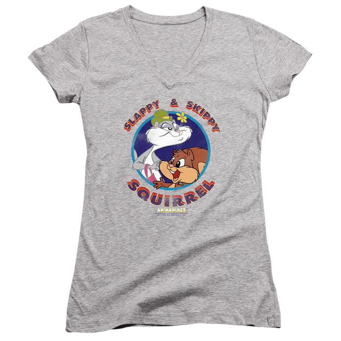 Animaniacs Slappy And Skippy Squirrel Junior Sheer Cap Sleeve V-Neck Womens T Shirt Athletic Heather