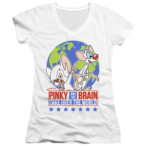 Pinky And The Brain Campaign Junior Sheer Cap Sleeve V-Neck Womens T Shirt White