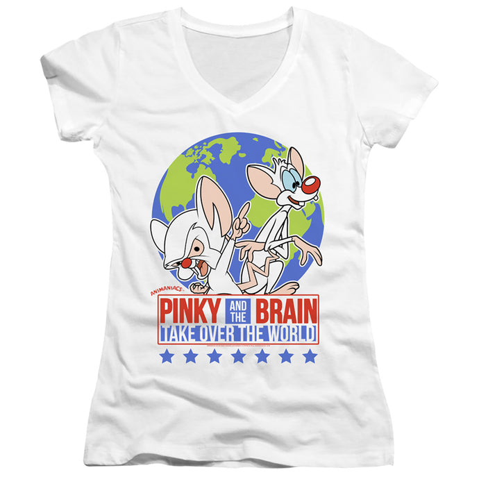 Pinky And The Brain Campaign Junior Sheer Cap Sleeve V-Neck Womens T Shirt White